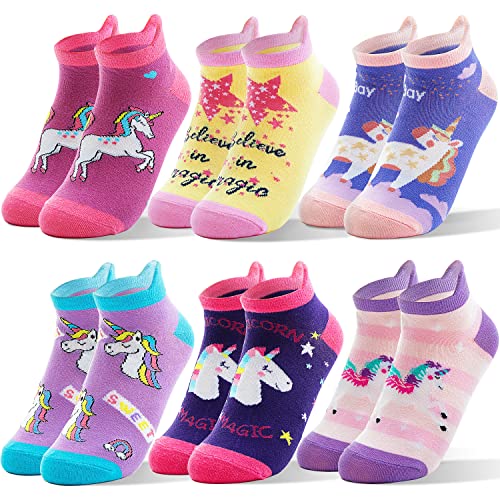 ANTSANG Kinder Lustige Socken Mädchen Sneaker Socken Kurze Einhorn Kindersocken Bunte Cartoon Baumwolle Kleinkind Geschenke Socken 6 Paare(Einhorn, 3-5 J) von ANTSANG