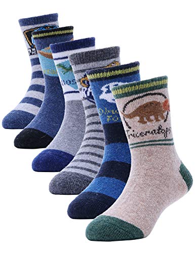 ANTSANG Kinder Mädchen Jungen Socken Warme Wollsocken Wandersocken Dicke Wolle Thermosocken Geschenke Kindersocken 6 Paar(Dinosaurier A,1-3 Jahre) von ANTSANG