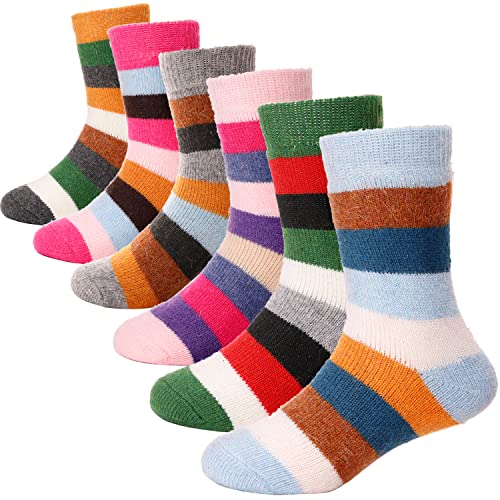 ANTSANG Kinder Mädchen Jungen Socken Warme Wollsocken Wandersocken Dicke Wolle Thermosocken Geschenke Kindersocken 6 Paar(Farbstreifen,1-3 Jahre) von ANTSANG