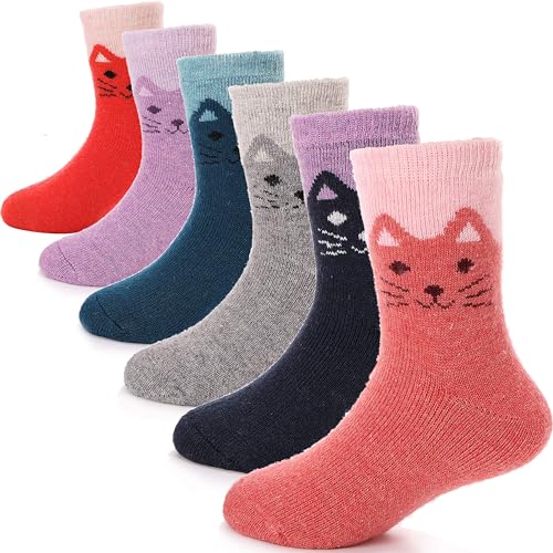 ANTSANG Kinder Mädchen Jungen Socken Warme Wollsocken Wandersocken Dicke Wolle Thermosocken Geschenke Kindersocken Weihnachtsgeschenke 6 Paar(Katzen,4-7 Jahre) von ANTSANG