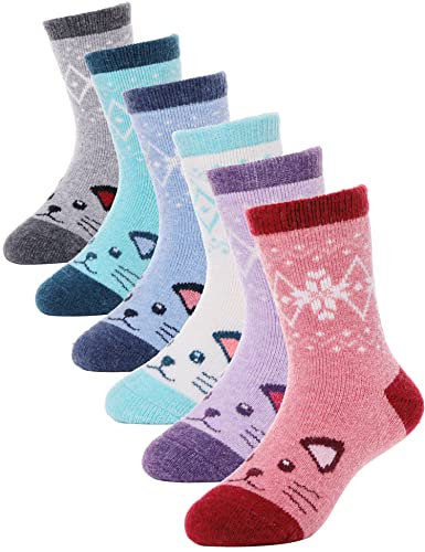 ANTSANG Kinder Mädchen Jungen Socken Warme Wollsocken Wandersocken Dicke Wolle Thermosocken Geschenke Kindersocken 6 Paar(Schneeflocke Katze,8-12 Jahre) von ANTSANG