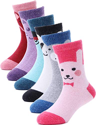 ANTSANG Kinder Mädchen Jungen Socken Warme Wollsocken Wandersocken Dicke Wolle Thermosocken Geschenke Kindersocken 6 Paar(Tier-Serie,1-3 Jahre) von ANTSANG