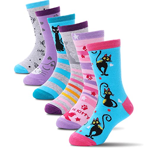 ANTSANG Kinder Socken für Mädchen Jungen Lustige Socken Baumwolle Geschenke Bunte Weich Neuheit Kindersocken 6 Paar(Katzen L.,9-14 Jahre) von ANTSANG