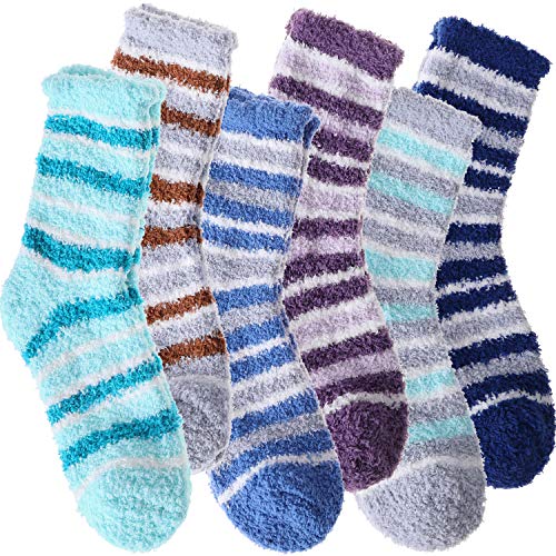 ANTSANG Kuschelsocken für Damen Flauschige Wintersocken Haussocken Warme Weihnachtssocken Bettsocken Geschenke Socken (Streifen B (6 Paar)) von ANTSANG