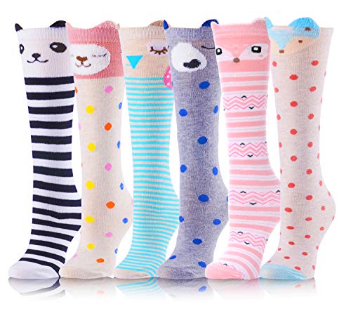 ANTSANG Mädchen Kniestrümpfe 6 Paar für Kinder Geschenke Lange Lustige Kindersocken Tier Baumwolle Socken 3-12 Jahre Weihnachtsgeschenke(Tierstreifen A,3-12 Jahre) von ANTSANG