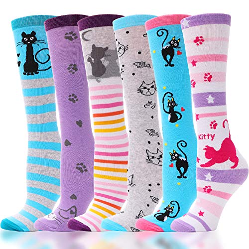 ANTSANG Mädchen Kniestrümpfe 6 Paar für Kinder Geschenke Lange Lustige Kindersocken Tier Baumwolle Socken 3-12 Jahre Weihnachtsgeschenke(Katzen,3-12 Jahre) von ANTSANG