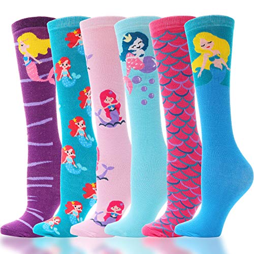 ANTSANG Mädchen Kniestrümpfe 6 Paar für Kinder Geschenke Lange Lustige Kindersocken Tier Baumwolle Socken 3-12 Jahre Weihnachtsgeschenke(Meerjungfrau,3-12 Jahre) von ANTSANG