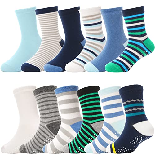 ANTSANG Stoppersocken Kinder Baby Jungen Socken Anti Rutsch / Rutschfeste Geschenk Socken Baumwolle Antirutschsocken für Kinder Jungen Kleinkind 12 Paare(Blau gestreift (12 Paar), 3-5 Jahre) von ANTSANG