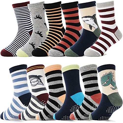 ANTSANG Stoppersocken Kinder Baby Jungen Socken Anti Rutsch / Rutschfeste Geschenk Socken Baumwolle Antirutschsocken für Kinder Jungen Kleinkind 12 Paare(Braun gestreift (12 Paar), 6-12 Monate) von ANTSANG