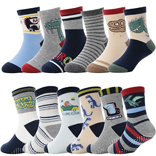 ANTSANG Stoppersocken Kinder Baby Jungen Socken Anti Rutsch / Rutschfeste Geschenk Socken Baumwolle Antirutschsocken für Kinder Jungen Kleinkind 12 Paare(Jungen-Dinosaurier (12 Paar), 1-3 Jahre) von ANTSANG