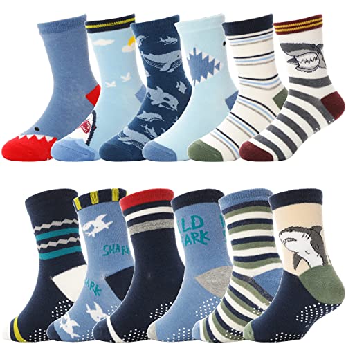 ANTSANG Stoppersocken Kinder Baby Jungen Socken Anti Rutsch / Rutschfeste Geschenk Socken Baumwolle Antirutschsocken für Kinder Jungen Kleinkind 12 Paare(Jungen-Hai (12 Paar), 3-5 Jahre) von ANTSANG