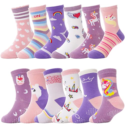 ANTSANG Stoppersocken Kinder Baby Mädchen Socken Anti Rutsch / Rutschfeste Geschenk Socken Baumwolle Antirutschsocken für Kinder Mädchen Kleinkind 12 Paare(Lila Einhorn,1-3 Jahre) von ANTSANG