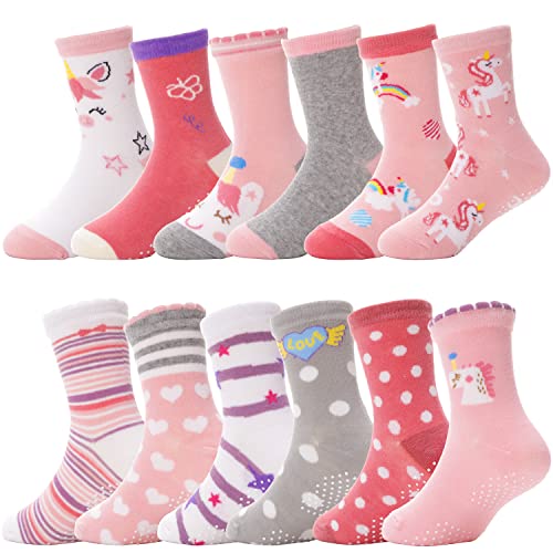 ANTSANG Stoppersocken Kinder Baby Mädchen Socken Anti Rutsch / Rutschfeste Geschenk Socken Baumwolle Antirutschsocken für Kinder Mädchen Kleinkind 12 Paare(Rosa Einhorn,6-12M) von ANTSANG