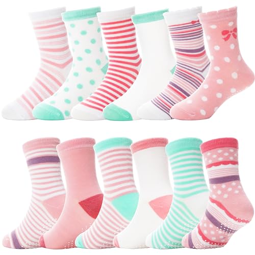 ANTSANG Stoppersocken Kinder Baby Mädchen Socken Anti Rutsch / Rutschfeste Geschenk Socken Baumwolle Antirutschsocken für Kinder Mädchen Kleinkind 12 Paare(Rosa Streifen,1-3 Jahre) von ANTSANG