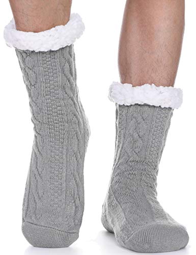 Herren Kuschelsocken Warme Stoppersocken Dicke Anti-Rutsch Hüttensocken Winter Flauschig Hausschuhe Geschenke Socken (Hellgrau) von ANTSANG