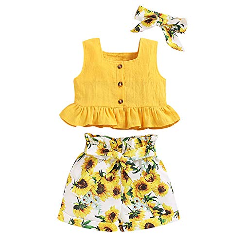 ANUFER 3 Stück Mädchen Kinder Kleidungsset Hell Gelb Sonnenblume Baby Outfits Westentops + Shorts Hosen + Stirnband SN601C002 12-18 Monate von ANUFER