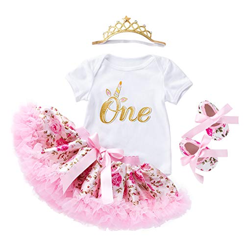 ANUFER Baby Mädchen 1./2. Geburtstag Party Tutu Kleid 4 Stück Kleidungsset Strampler + Rock + Stirnband + Schuhe Blumen SN601C006 12-24 Monate von ANUFER