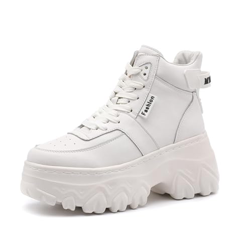 ANUFER Damen Bahnsteig Klobige Turnschuhe Hoch Oben Schnüren Knöchel-Stiefeletten Weiß SD5A1024 EU38 von ANUFER