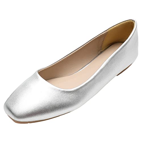 ANUFER Damen Ballerinas Quadratischer Zeh Mikrofaser-Leder Schlüpfen Kleid Pumps Schuhe Silber Matt SN0707127 EU37 von ANUFER