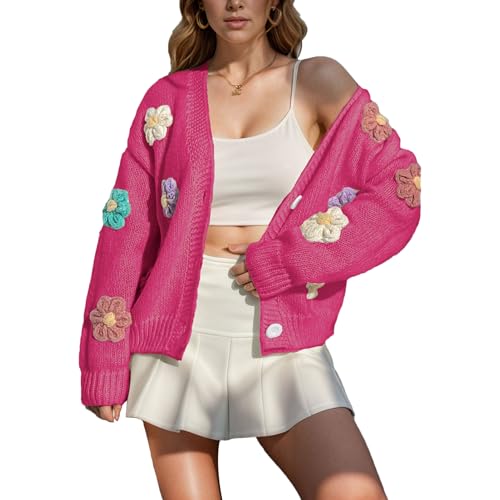 ANUFER Damen Bezaubernd Blume Häkeln Pullover V-Ausschnitt Knopfleiste Langarm Strickjacke Oberteile SN079177 Fuchsia XL von ANUFER