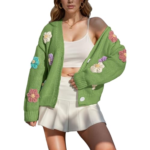 ANUFER Damen Bezaubernd Blume Häkeln Pullover V-Ausschnitt Knopfleiste Langarm Strickjacke Oberteile SN079177 Grün M von ANUFER