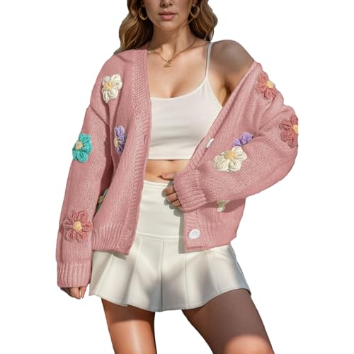 ANUFER Damen Bezaubernd Blume Häkeln Pullover V-Ausschnitt Knopfleiste Langarm Strickjacke Oberteile SN079177 Rosa L von ANUFER
