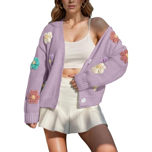 ANUFER Damen Bezaubernd Blume Häkeln Pullover V-Ausschnitt Knopfleiste Langarm Strickjacke Oberteile SN079177 Violett L von ANUFER