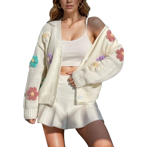 ANUFER Damen Bezaubernd Blume Häkeln Pullover V-Ausschnitt Knopfleiste Langarm Strickjacke Oberteile SN079177 Weiß M von ANUFER