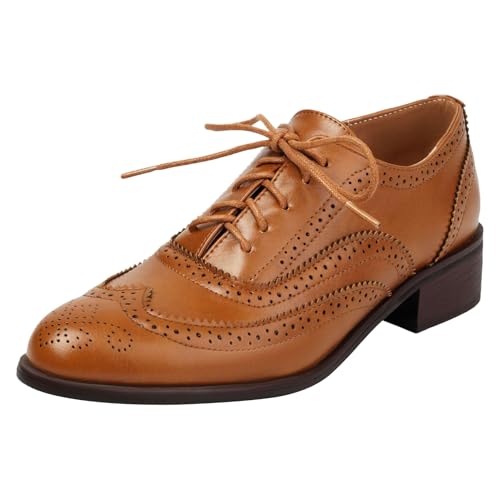 ANUFER Damen Blockabsatz Flügelspitze Brogues Niedrige Spitze Oxfords Hofschuhe Bräune SN0706226 EU38 von ANUFER