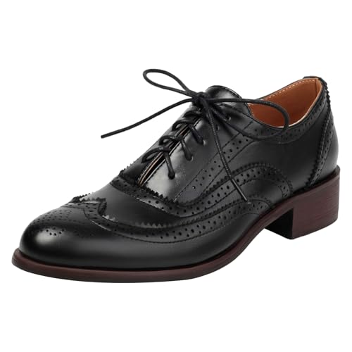 ANUFER Damen Blockabsatz Flügelspitze Brogues Niedrige Spitze Oxfords Hofschuhe Schwarz SN0706226 EU40 von ANUFER