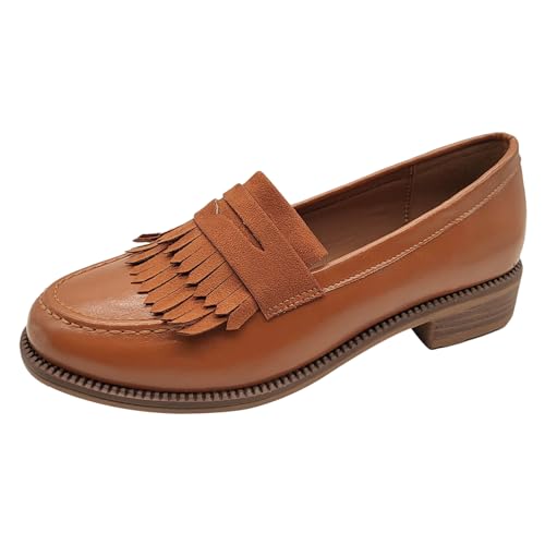 ANUFER Damen Britischer Stil Quaste Penny Loafer Runde Zehe Slipper Büro Anzugschuhe Braun SN0706200 EU38.5 von ANUFER