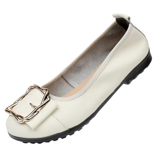ANUFER Damen Echtes Leder Ballerinas Mode Metallschnalle Sanft Wohnung Pumps Schuhe Beige SN070535 EU39.5 von ANUFER