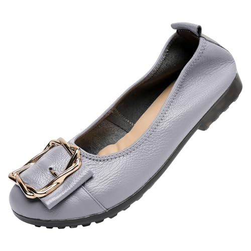 ANUFER Damen Echtes Leder Ballerinas Mode Metallschnalle Sanft Wohnung Pumps Schuhe Grau SN070535 EU35 von ANUFER