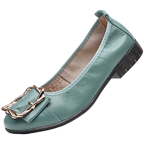 ANUFER Damen Echtes Leder Ballerinas Mode Metallschnalle Sanft Wohnung Pumps Schuhe Grün SN070535 EU39.5 von ANUFER