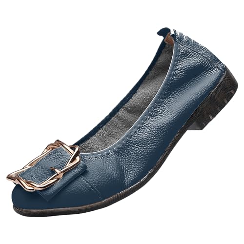 ANUFER Damen Echtes Leder Ballerinas Mode Metallschnalle Sanft Wohnung Pumps Schuhe Marineblau SN070535 EU38.5 von ANUFER
