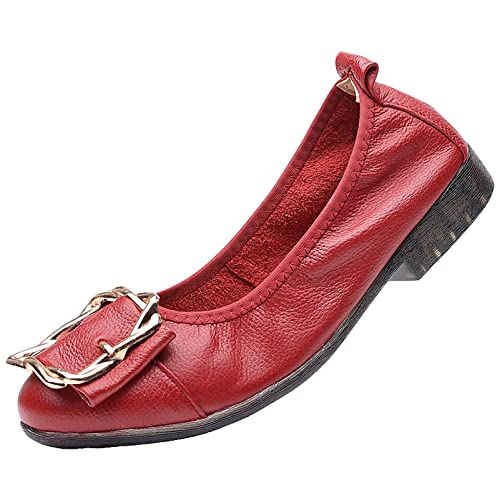 ANUFER Damen Echtes Leder Ballerinas Mode Metallschnalle Sanft Wohnung Pumps Schuhe Rot SN070535 EU39.5 von ANUFER
