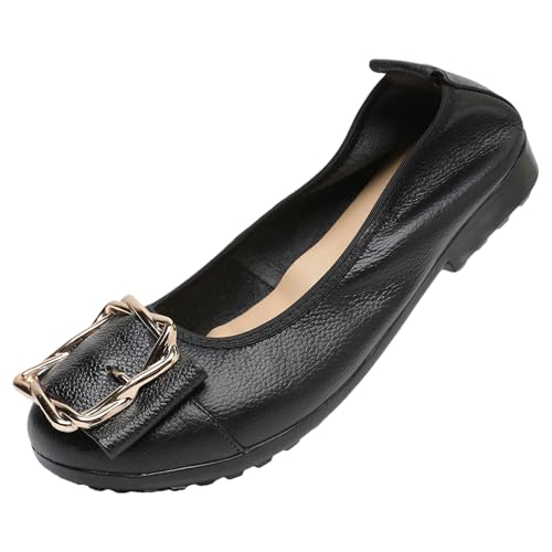 ANUFER Damen Echtes Leder Ballerinas Mode Metallschnalle Sanft Wohnung Pumps Schuhe Schwarz SN070535 EU38 von ANUFER