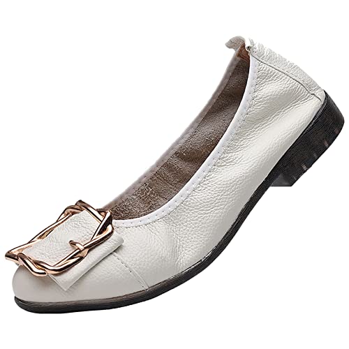 ANUFER Damen Echtes Leder Ballerinas Mode Metallschnalle Sanft Wohnung Pumps Schuhe Weiß SN070535 EU37 von ANUFER