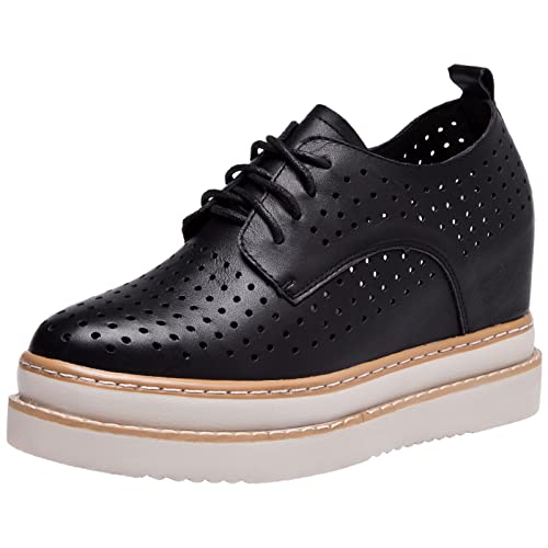 ANUFER Damen Echtes Leder Plattform Versteckter Keilabsatz Turnschuhe Schnüren Ausgehöhlt Lässig Schuhe Schwarz SN070508 EU38.5 von ANUFER