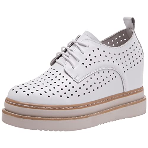 ANUFER Damen Echtes Leder Plattform Versteckter Keilabsatz Turnschuhe Schnüren Ausgehöhlt Lässig Schuhe Weiß SN070508 EU35 von ANUFER