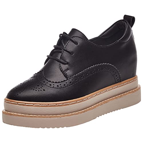 ANUFER Damen Echtes Leder Plattform Versteckter Keilabsatz Turnschuhe Schnüren Brogue Lässig Schuhe Schwarz SN070508 EU39.5 von ANUFER
