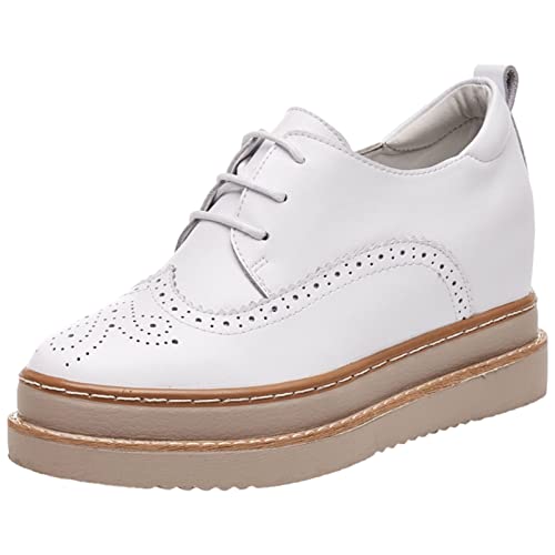 ANUFER Damen Echtes Leder Plattform Versteckter Keilabsatz Turnschuhe Schnüren Brogue Lässig Schuhe Weiß SN070508 EU38 von ANUFER