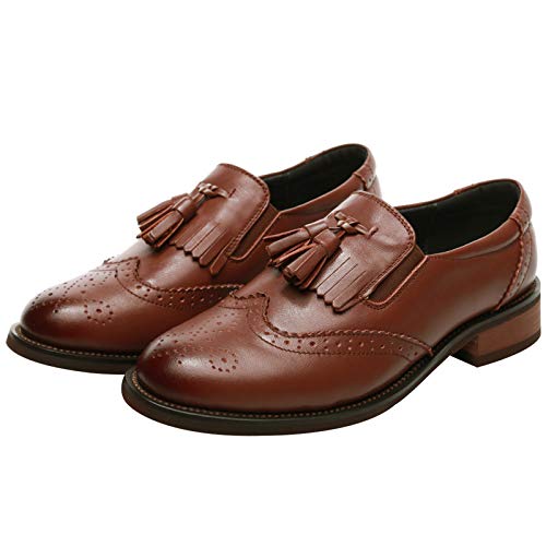 ANUFER Damen Echtes Leder Quaste Faulenzer Schick Brogues Schlüpfen Pumps SN02770 Braun EU38 von ANUFER