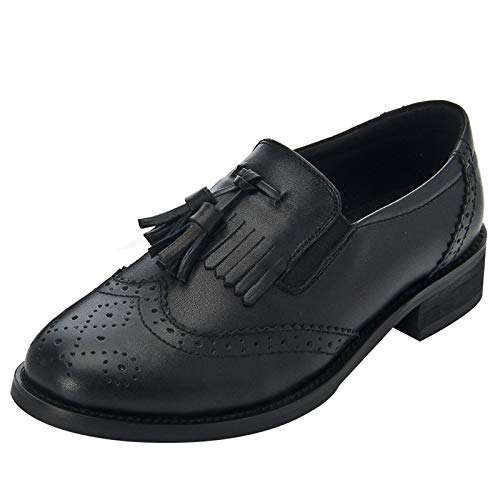 ANUFER Damen Echtes Leder Quaste Müßiggänger Brogues Schlüpfen Pumps Schwarz SN02770 EU37 von ANUFER