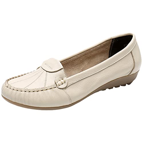 ANUFER Damen Echtes Leder Weich Einzige Ballerinas Schlüpfen Niedriger Keilabsatz Im mittleren Alter Wanderschuhe Beige SN02450 EU35 von ANUFER