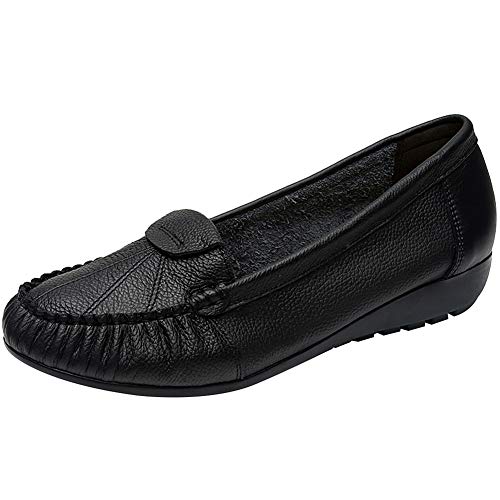 ANUFER Damen Echtes Leder Weich Einzige Ballerinas Schlüpfen Niedriger Keilabsatz Im mittleren Alter Wanderschuhe Schwarz SN02450 EU37 von ANUFER