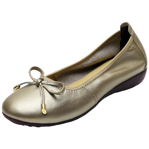 ANUFER Damen Echtleder Kleiner Keilabsatz Ballerinas Schön Schleife Sanft Schlüpfen Pumps Dolly-Schuhe Bronze SN070519 EU36 von ANUFER