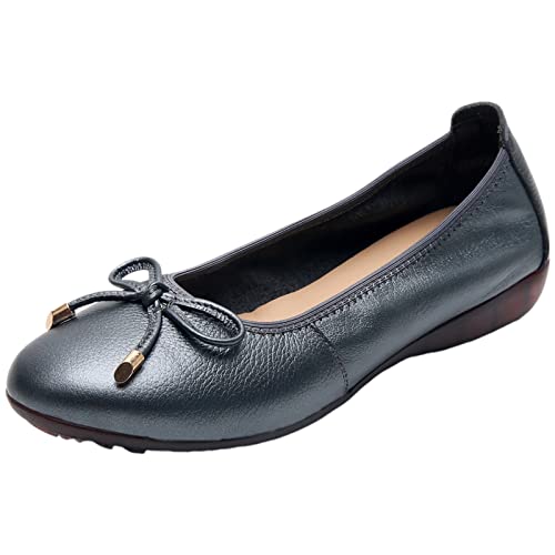 ANUFER Damen Echtleder Kleiner Keilabsatz Ballerinas Schön Schleife Sanft Schlüpfen Pumps Dolly-Schuhe Grau SN070519 EU37.5 von ANUFER