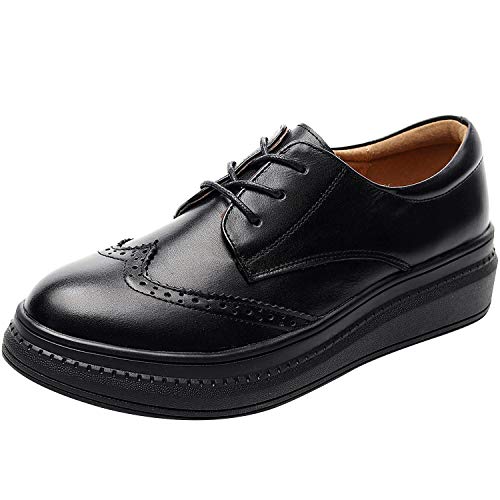 ANUFER Damen Echtleder Stilvoll Brogue Derby Schnüren Plattform Turnschuhe Schwarz SN02406 EU36 von ANUFER