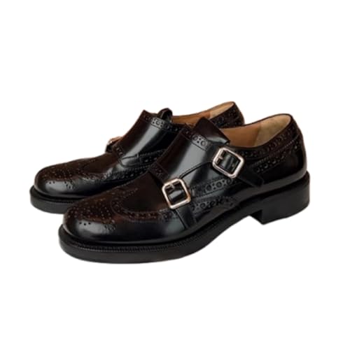 ANUFER Damen Elegant Doppelter Mönch Brogues Niedriger Blockabsatz Schwarz Leder Anzug-Schuhe Schwarz SD5A40222 EU38.5 von ANUFER